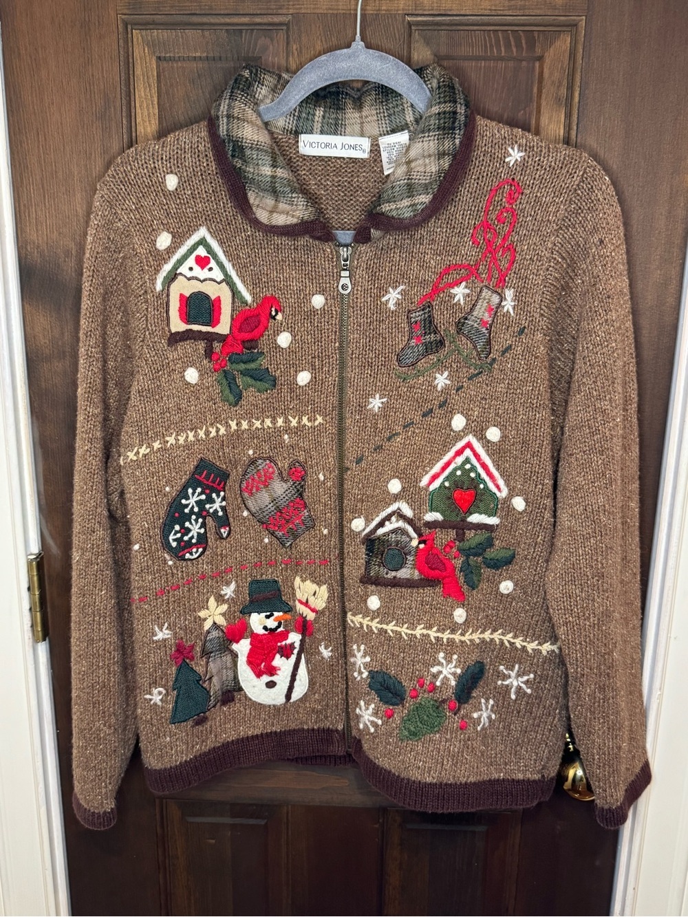 VTG Victoria Jones Christmas Sweater Medium Wool Blend Zip Up Snowman Brown